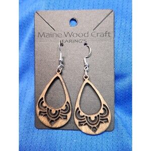 1 Pair Oval Shaped Laser Cut Wooden Dangle Earrings Boho Style.